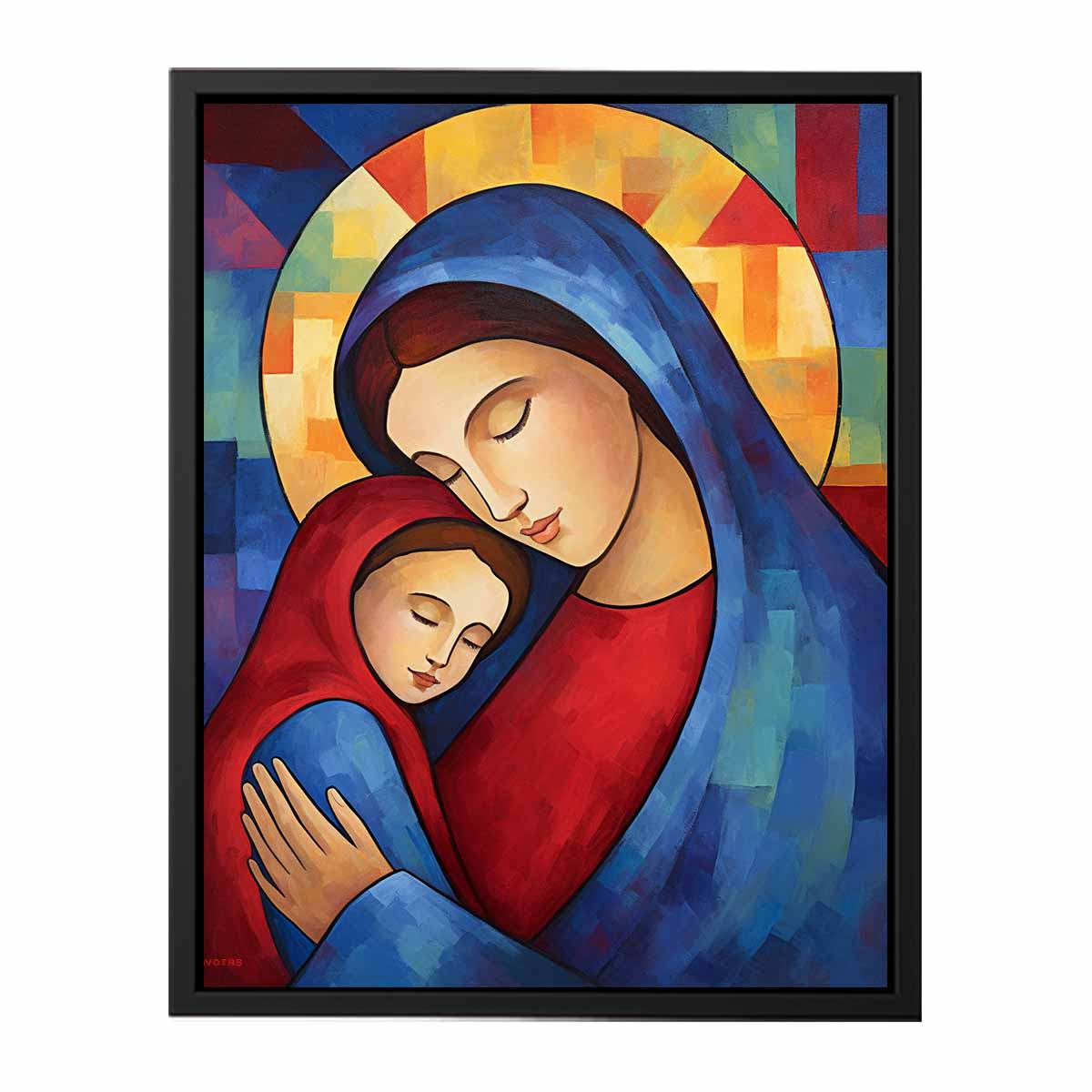 Modern Mother Mary and child canvas art for nursery decor.