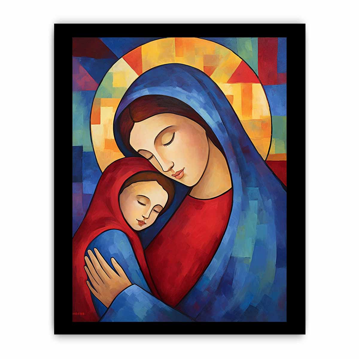 Modern Mother Mary and child canvas art for nursery decor.