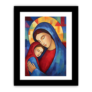 Modern Mother Mary and child canvas art for nursery decor.