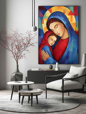 Modern Mother Mary and child canvas art for nursery decor.