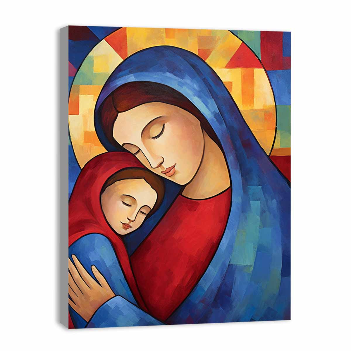 Modern Mother Mary and child canvas art for nursery decor.