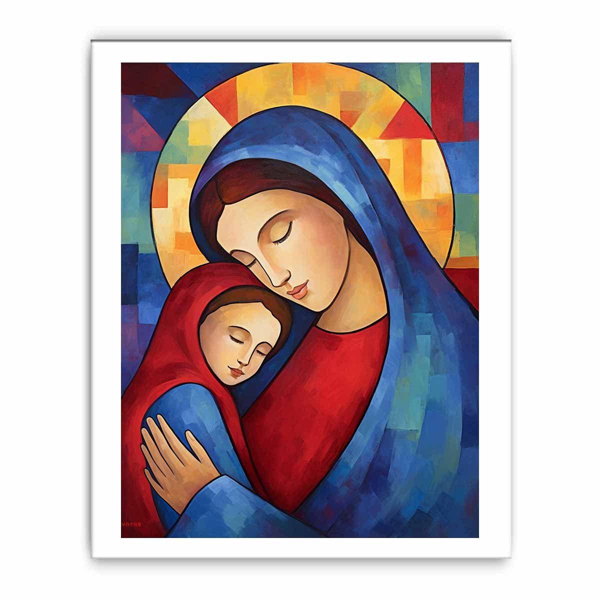 Modern Mother Mary and child canvas art for nursery decor.