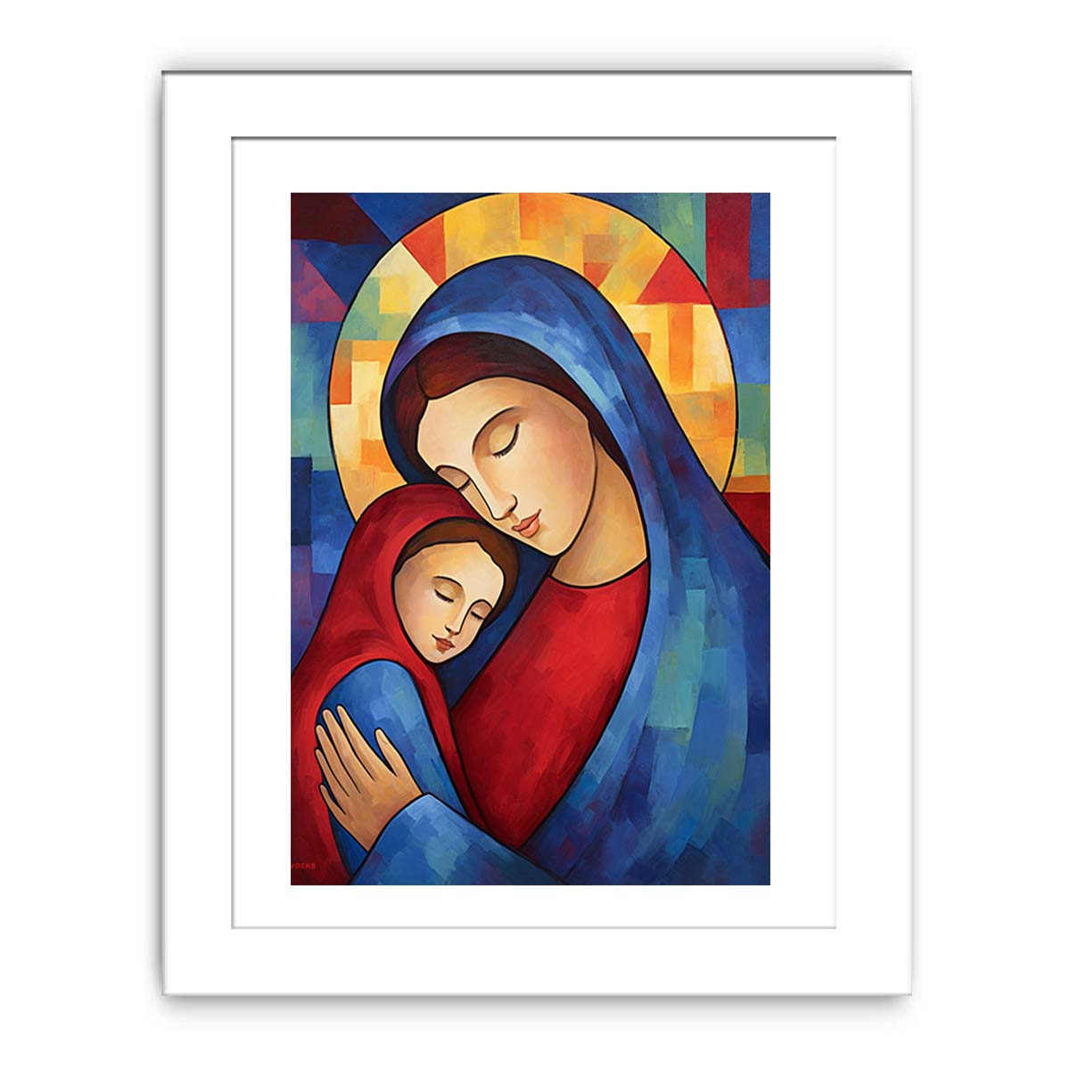 Modern Mother Mary and child canvas art for nursery decor.