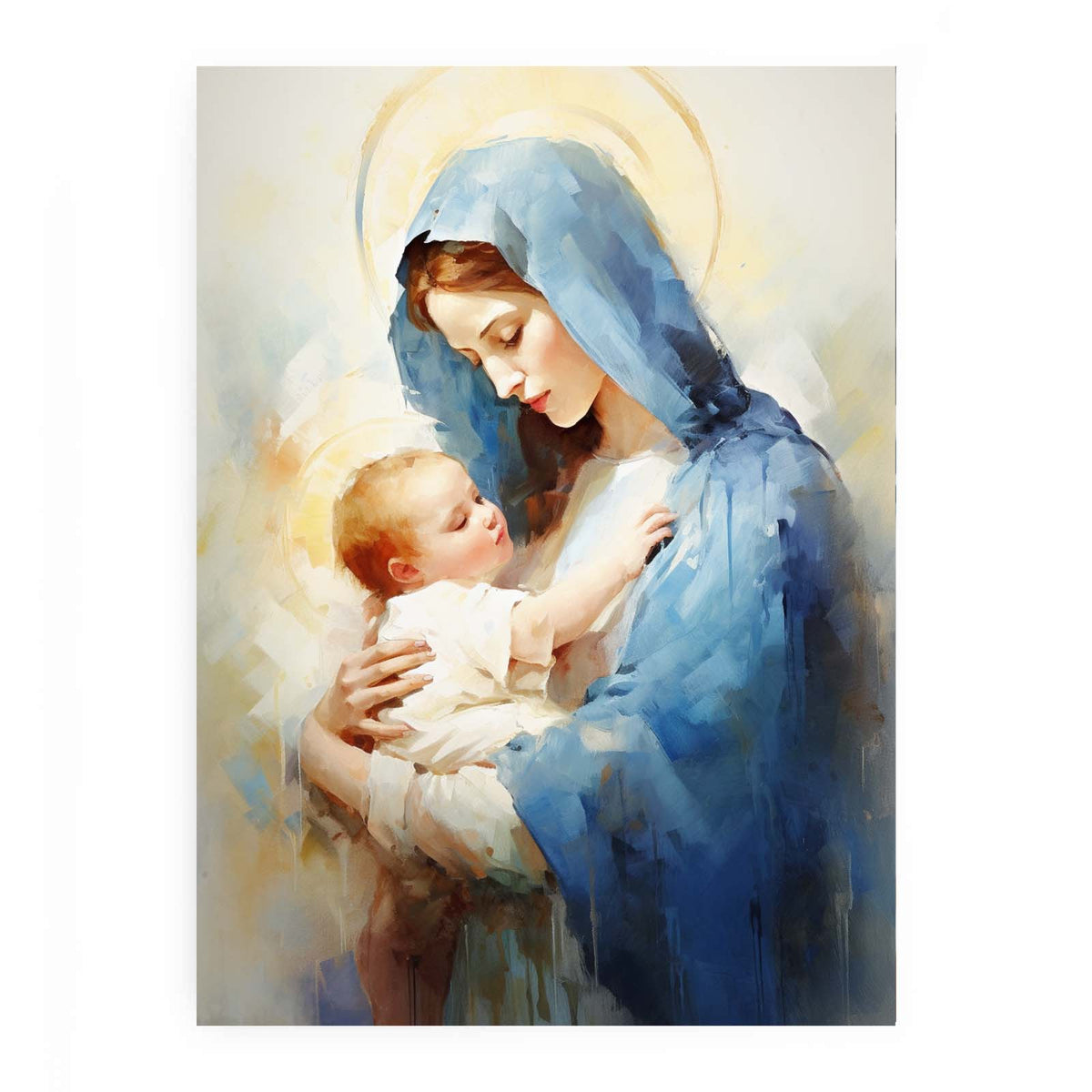 Virgin Mary and baby watercolor canvas art for nursery decor.