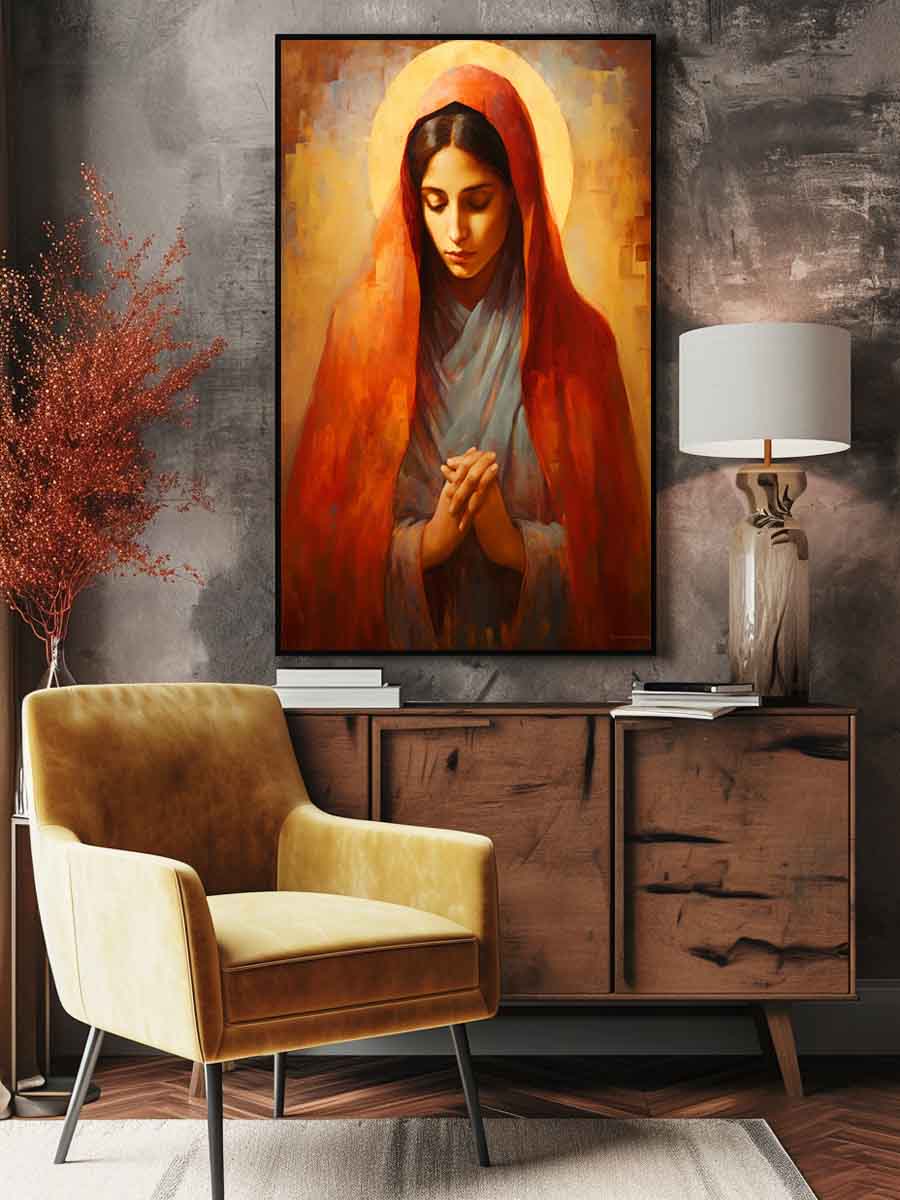 Virgin Mary prayer canvas art for bedroom decor.