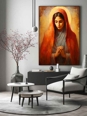 Virgin Mary prayer canvas art for bedroom decor.