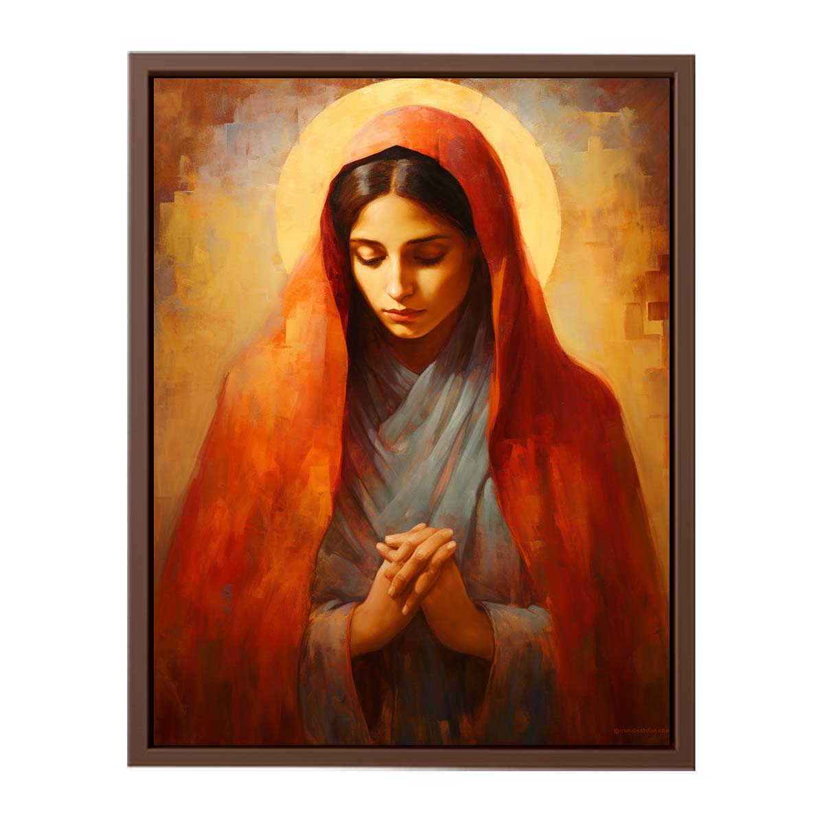Virgin Mary prayer canvas art for bedroom decor.