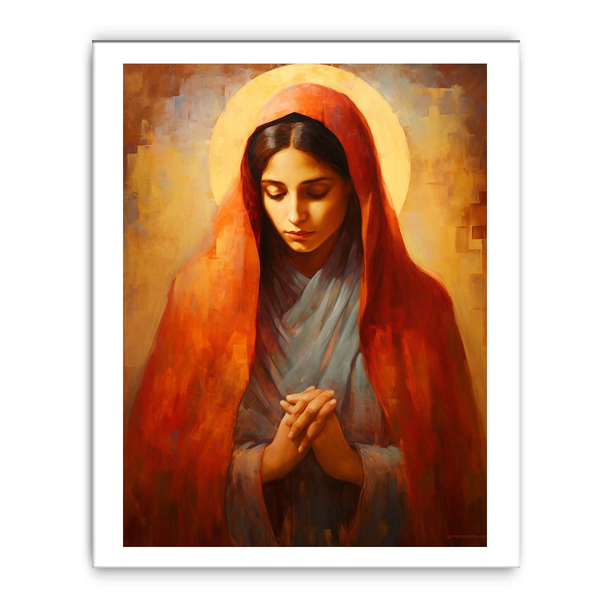 Virgin Mary prayer canvas art for bedroom decor.