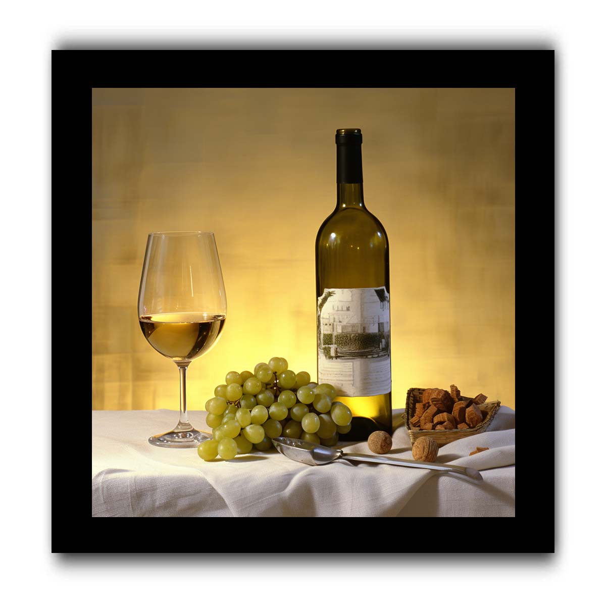 White wine bottle grapes and glass still life for dining room decor.