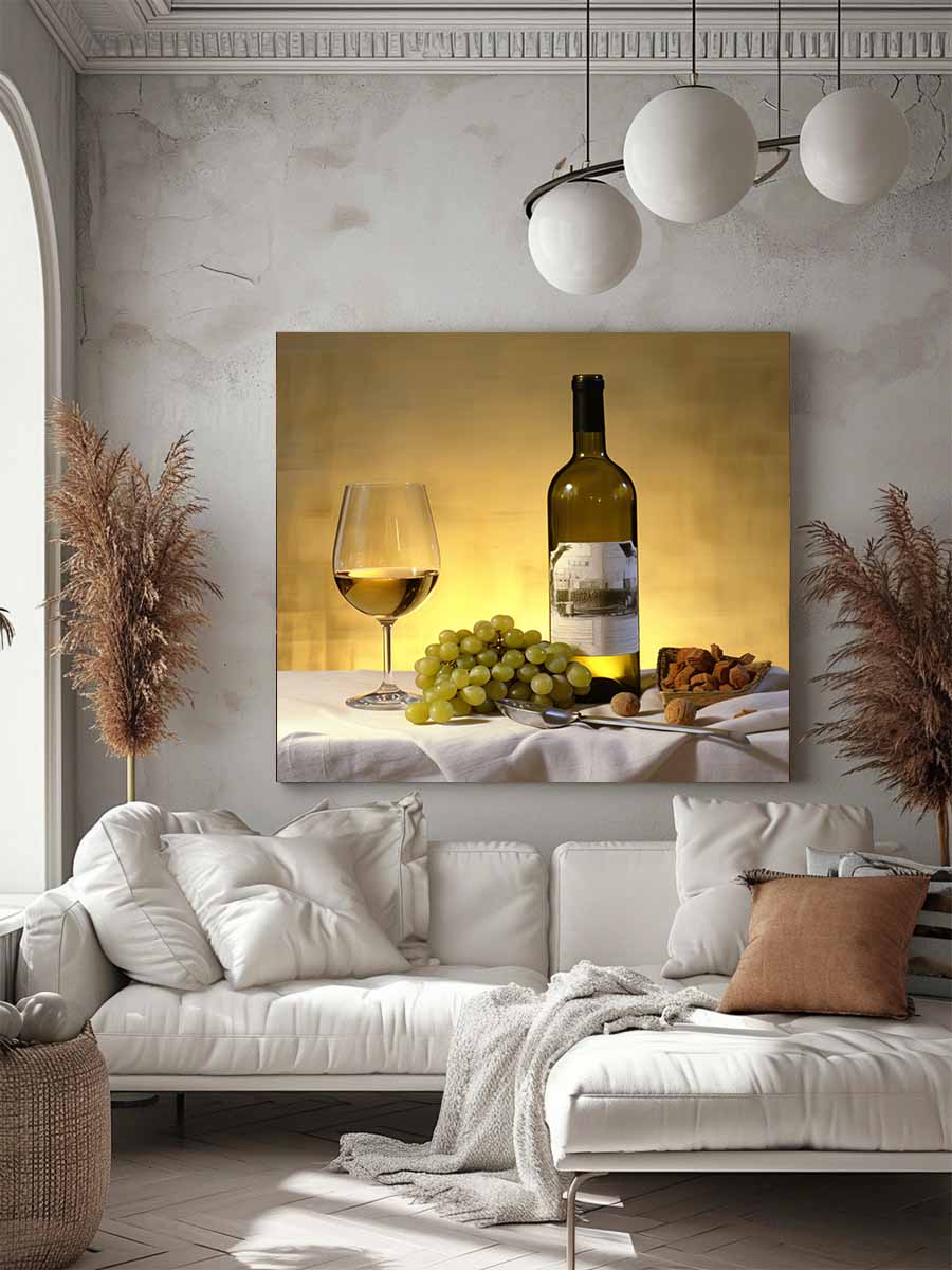 White wine bottle grapes and glass still life for dining room decor.
