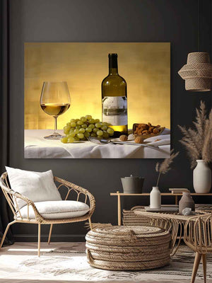 White wine bottle grapes and glass still life for dining room decor.