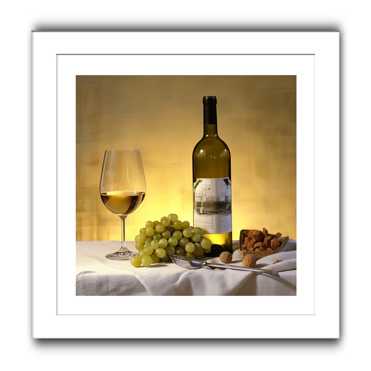 White wine bottle grapes and glass still life for dining room decor.