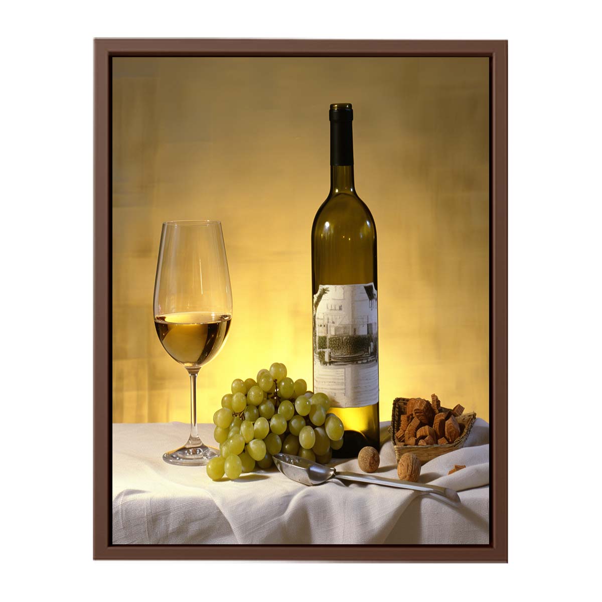 White wine bottle grapes and glass still life for dining room decor.