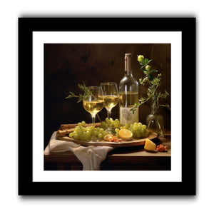 White wine still life with grapes and botanicals for elegant dining room decor.