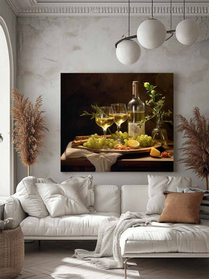 White wine still life with grapes and botanicals for elegant dining room decor.