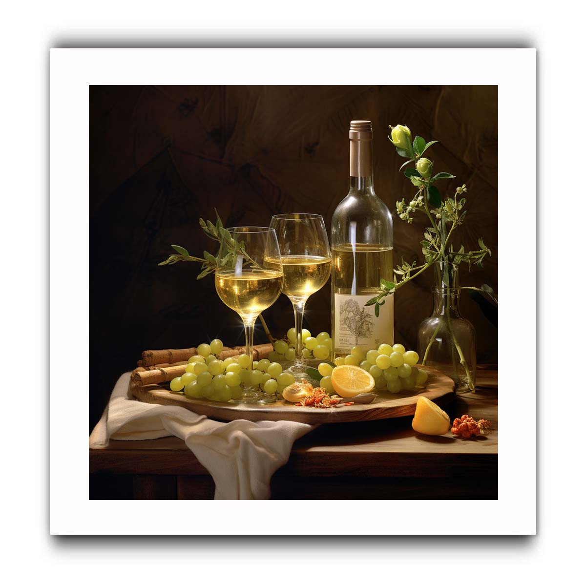 White wine still life with grapes and botanicals for elegant dining room decor.