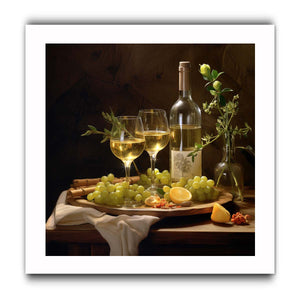 White wine still life with grapes and botanicals for elegant dining room decor.