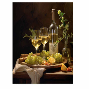 White wine still life with grapes and botanicals for elegant dining room decor.