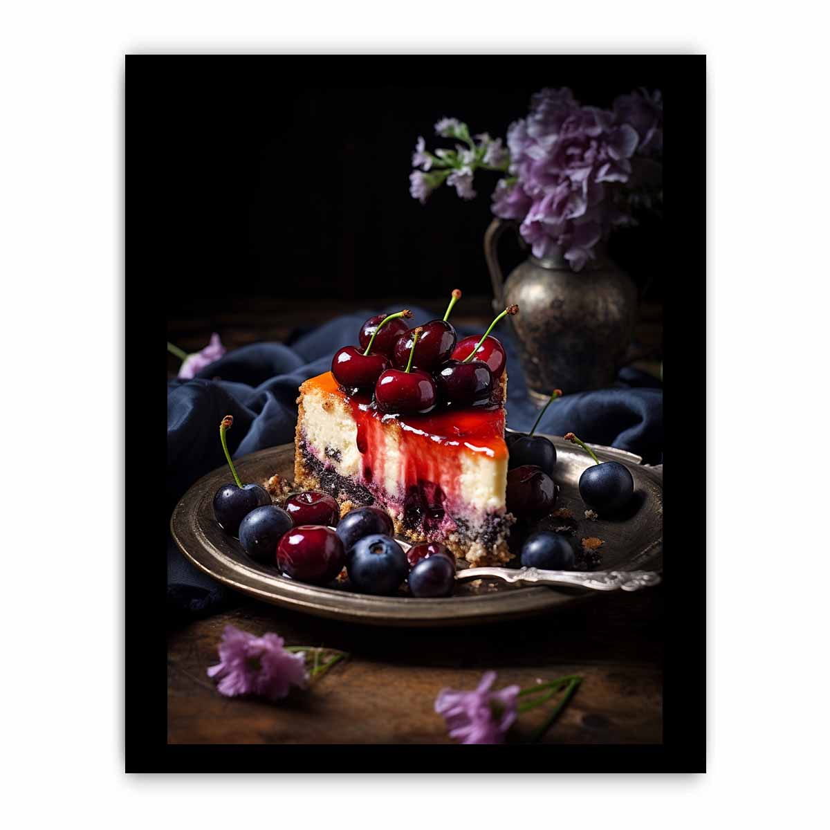 Moody cherry cheesecake still life canvas art for kitchen or dining room decor.