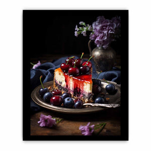 Moody cherry cheesecake still life canvas art for kitchen or dining room decor.