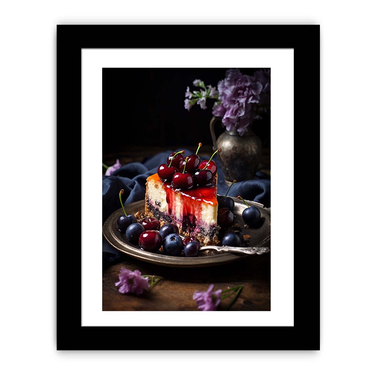 Moody cherry cheesecake still life canvas art for kitchen or dining room decor.