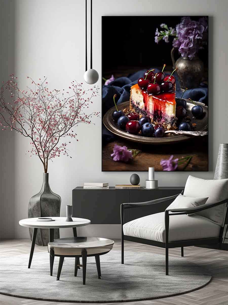 Moody cherry cheesecake still life canvas art for kitchen or dining room decor.