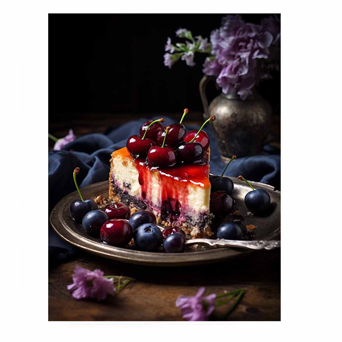 Moody cherry cheesecake still life canvas art for kitchen or dining room decor.