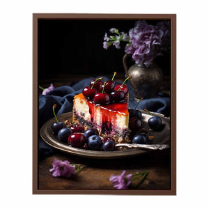 Moody cherry cheesecake still life canvas art for kitchen or dining room decor.