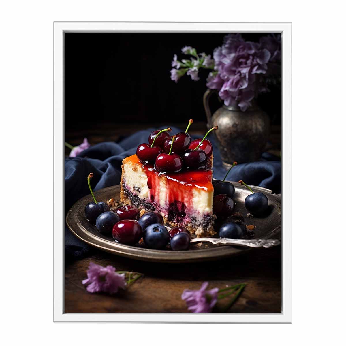 Moody cherry cheesecake still life canvas art for kitchen or dining room decor.