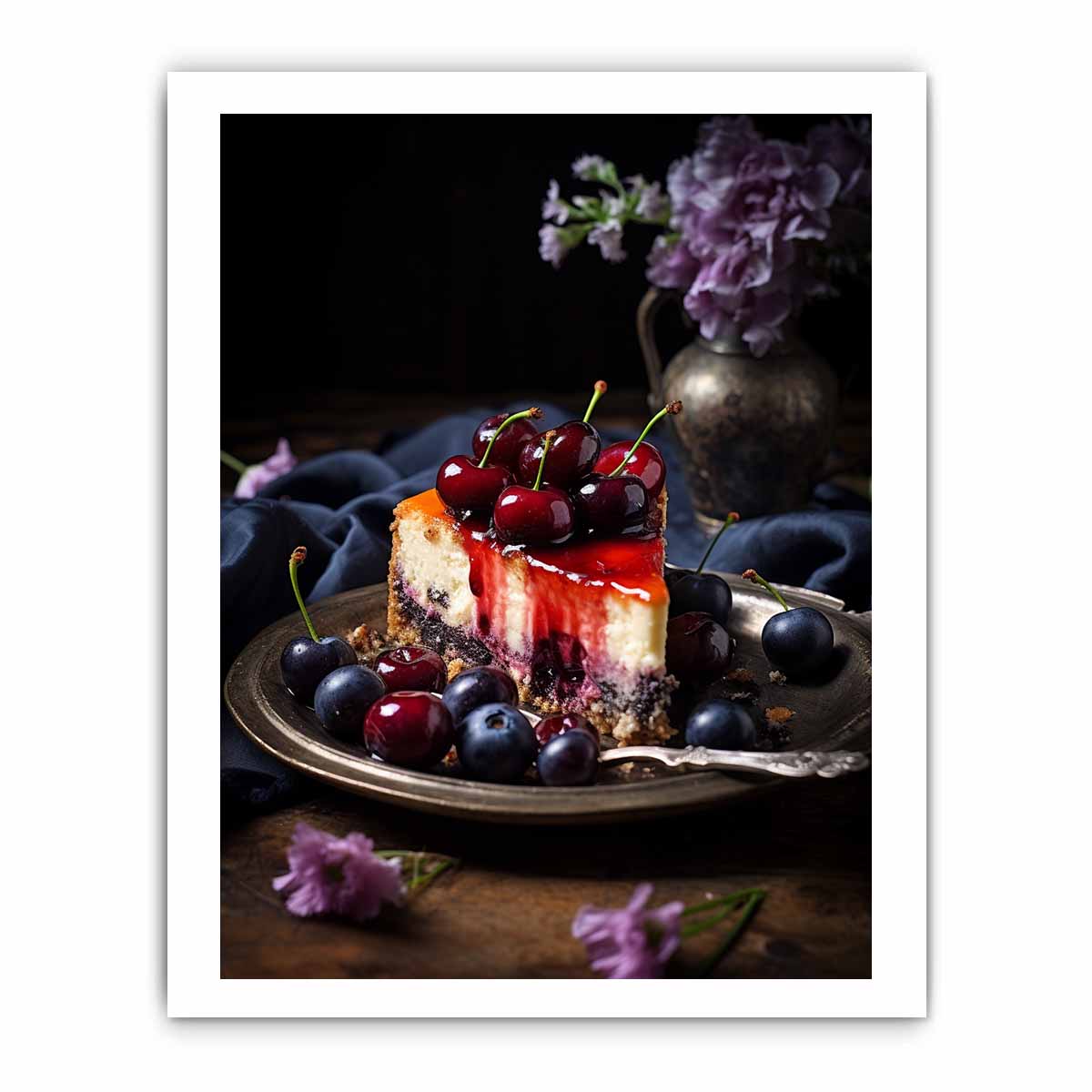 Moody cherry cheesecake still life canvas art for kitchen or dining room decor.