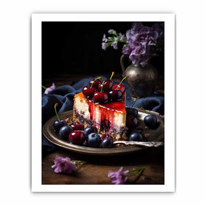 Moody cherry cheesecake still life canvas art for kitchen or dining room decor.