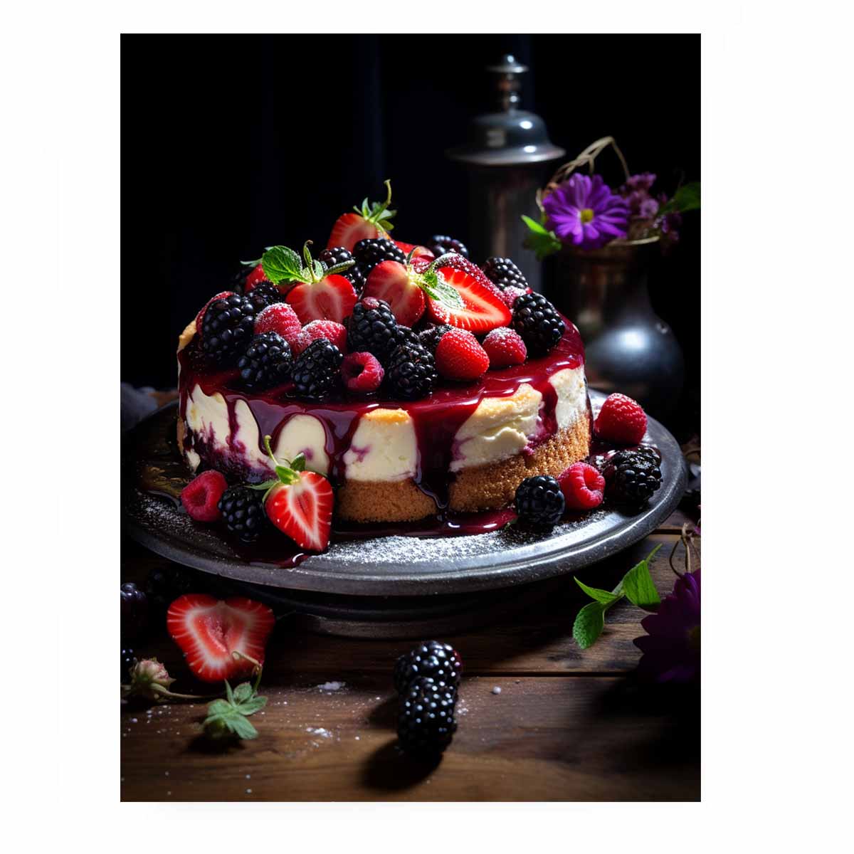 Dramatic berry cheesecake canvas art for kitchen, dining room, or cafe style decor.