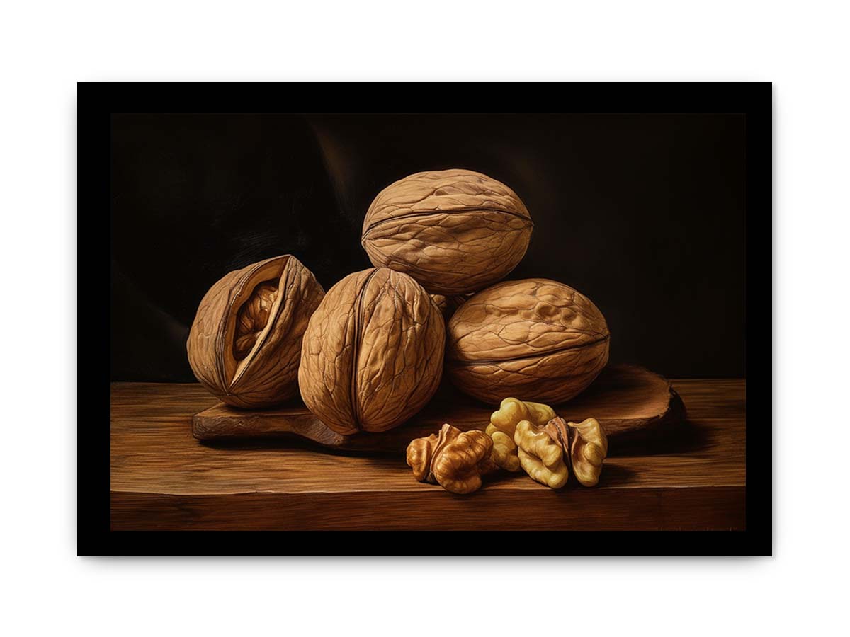 Rustic walnut still life canvas art with warm wood tones for kitchen decor.