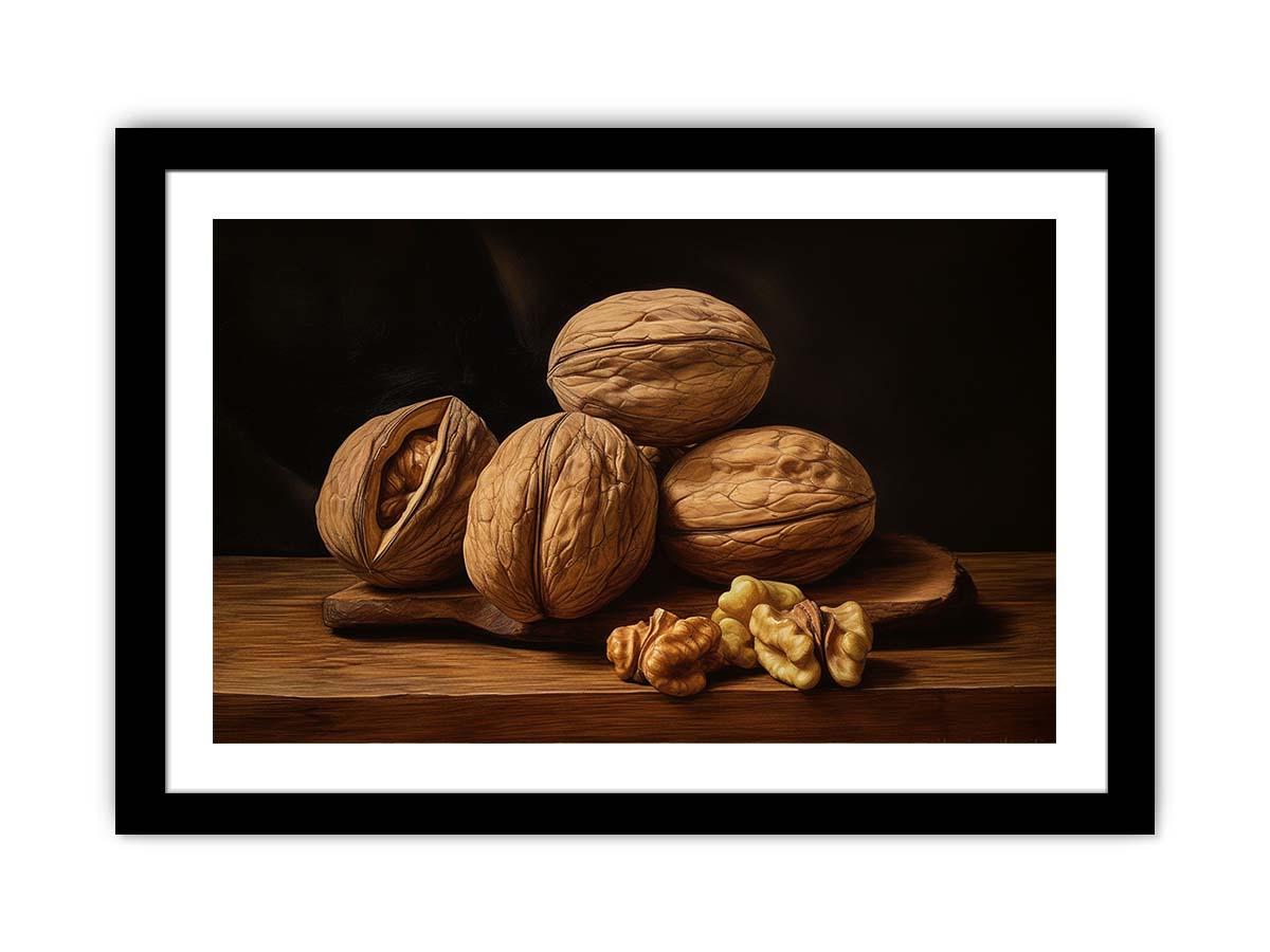 Rustic walnut still life canvas art with warm wood tones for kitchen decor.