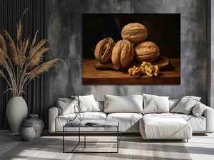 Rustic walnut still life canvas art with warm wood tones for kitchen decor.