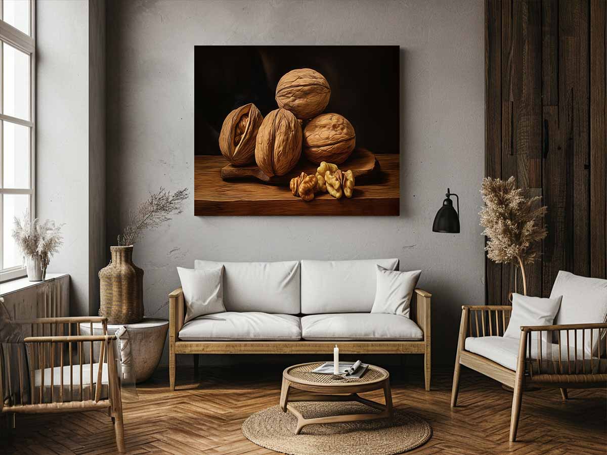 Rustic walnut still life canvas art with warm wood tones for kitchen decor.