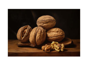 Rustic walnut still life canvas art with warm wood tones for kitchen decor.