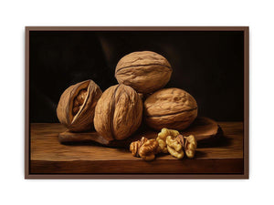 Rustic walnut still life canvas art with warm wood tones for kitchen decor.