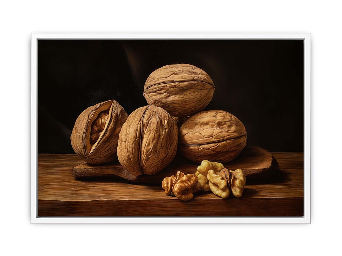 Rustic walnut still life canvas art with warm wood tones for kitchen decor.