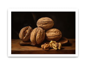 Rustic walnut still life canvas art with warm wood tones for kitchen decor.