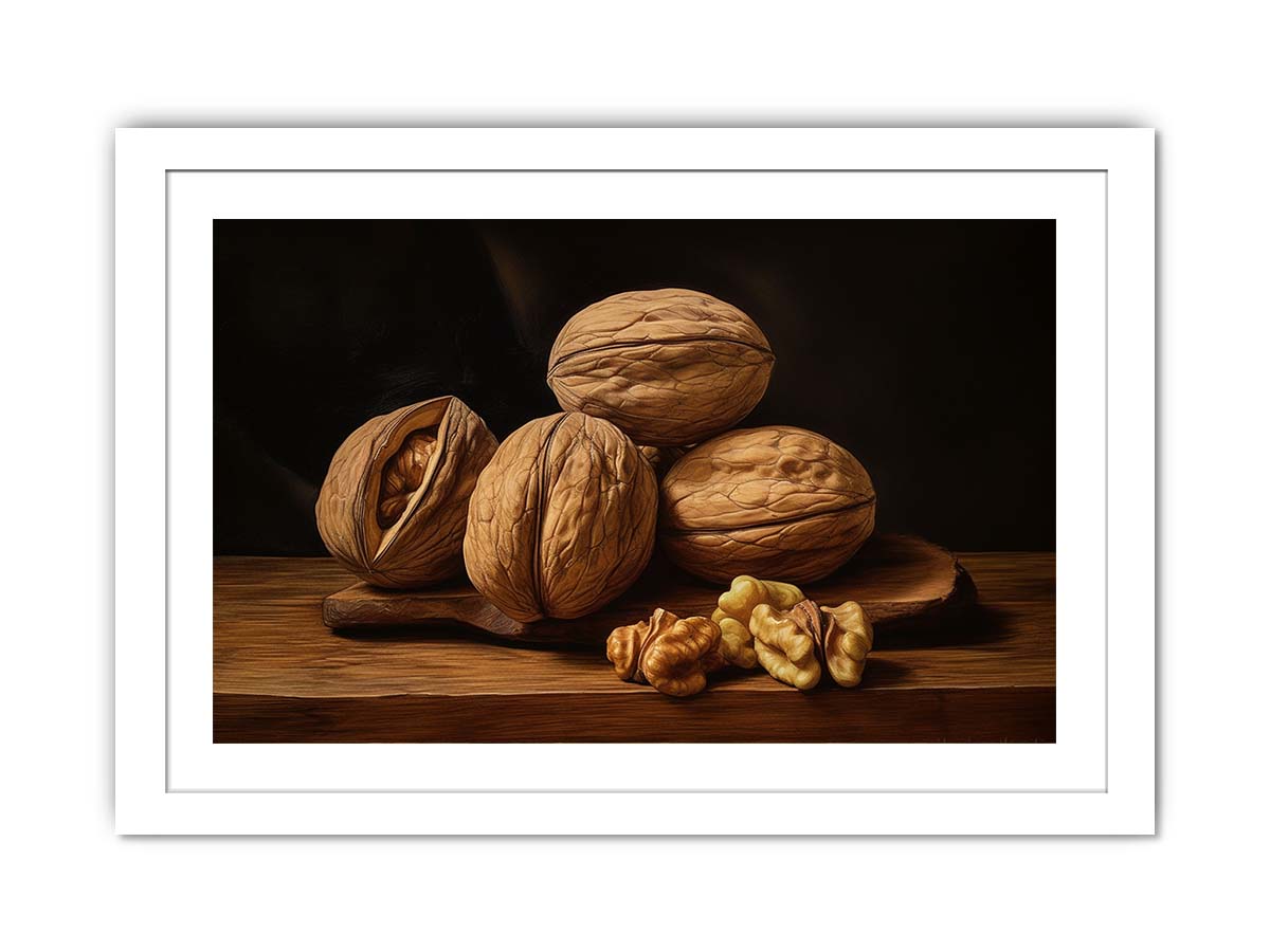 Rustic walnut still life canvas art with warm wood tones for kitchen decor.