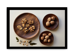 Overhead walnut and wooden bowl still life canvas art for warm kitchen decor.