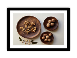 Overhead walnut and wooden bowl still life canvas art for warm kitchen decor.