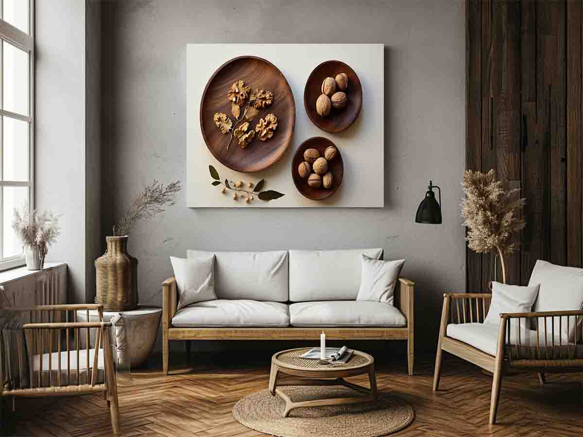Overhead walnut and wooden bowl still life canvas art for warm kitchen decor.