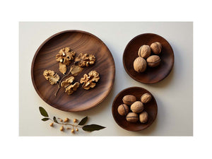 Overhead walnut and wooden bowl still life canvas art for warm kitchen decor.