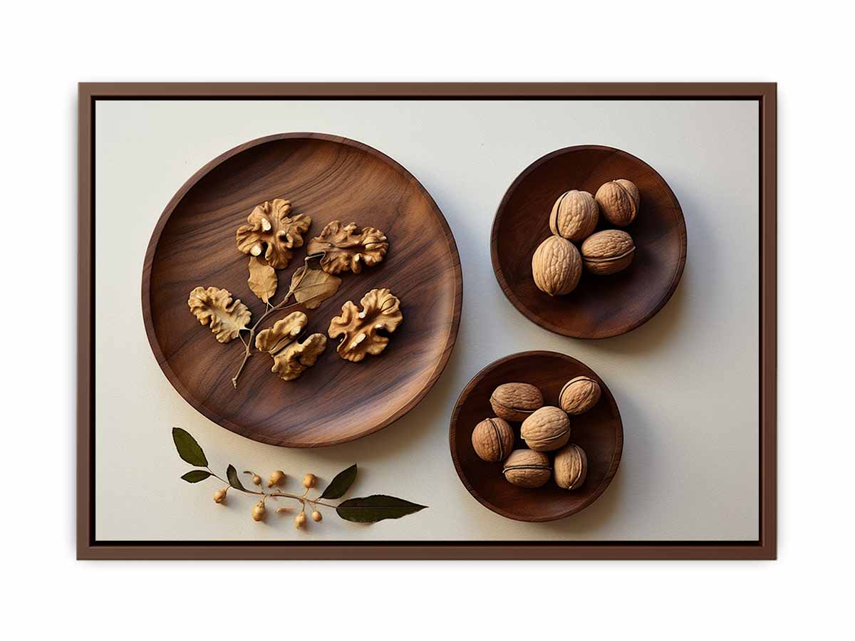 Overhead walnut and wooden bowl still life canvas art for warm kitchen decor.