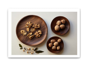 Overhead walnut and wooden bowl still life canvas art for warm kitchen decor.