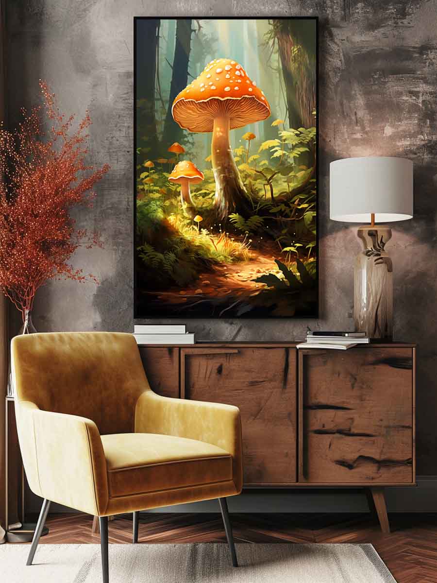 Orange mushroom fantasy canvas art in a misty forest for cozy living room decor.