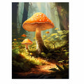 Orange mushroom fantasy canvas art in a misty forest for cozy living room decor.