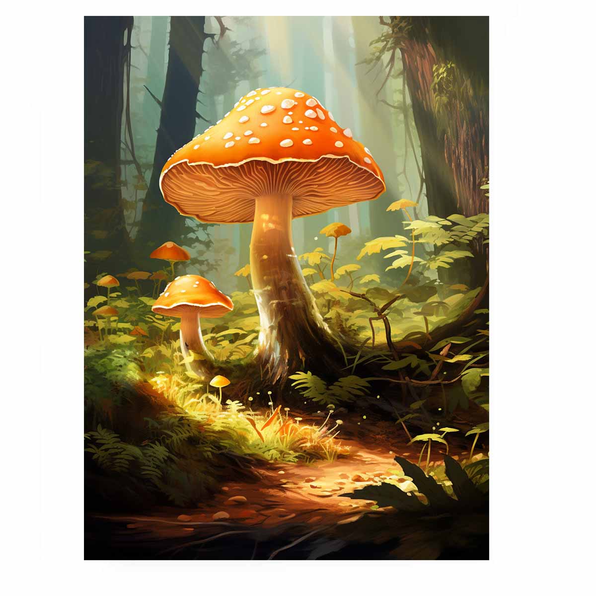 Orange mushroom fantasy canvas art in a misty forest for cozy living room decor.